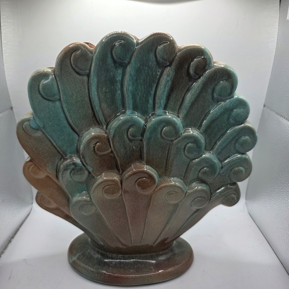 Vintage Gonder K-15 Peacock Fan Vase Turquoise Green Brown Pink Art Pottery